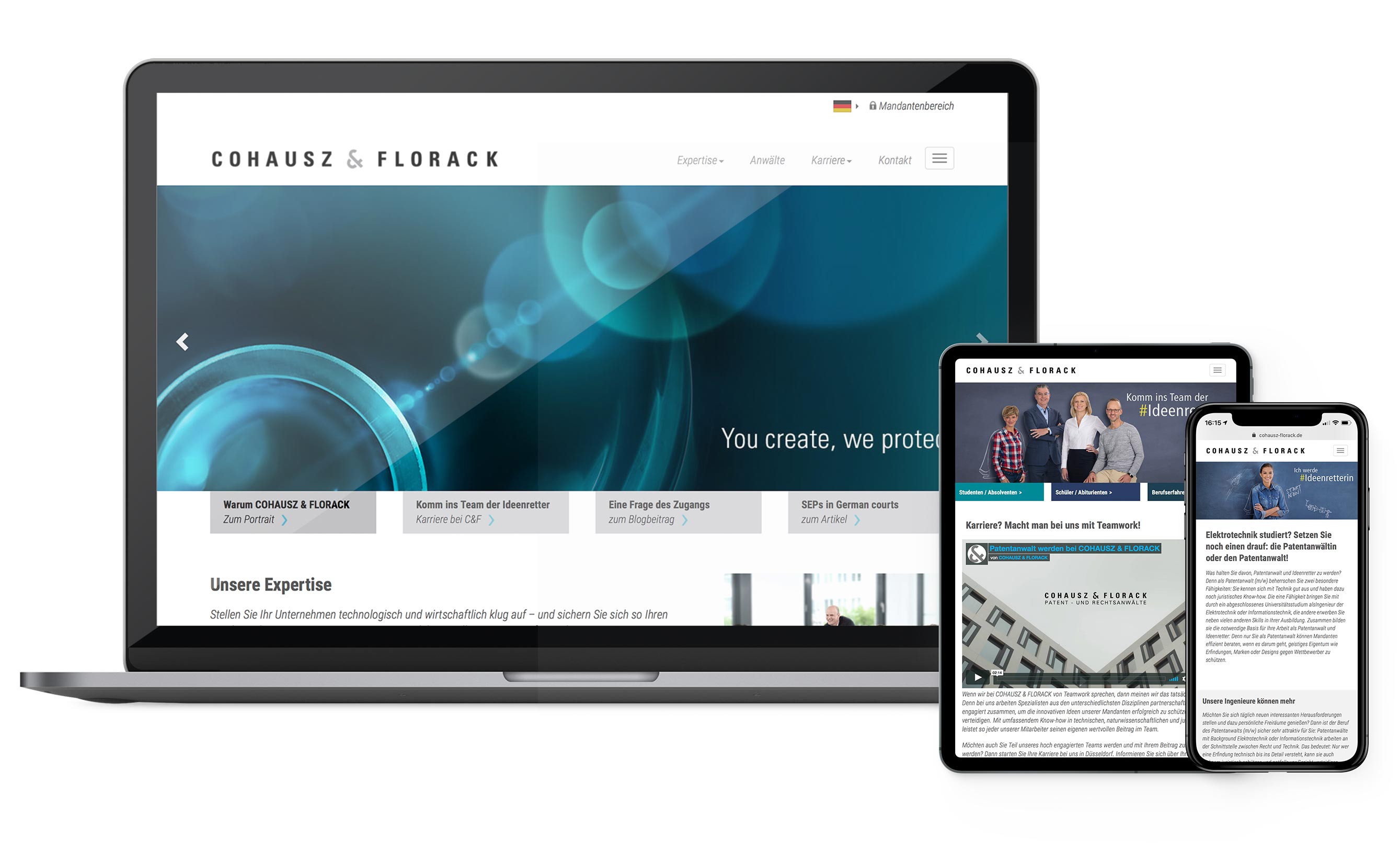 Darstellung der Websitegestaltung für Cohausz & Florack - Karriereseite, Landingpage, Responsive-Design